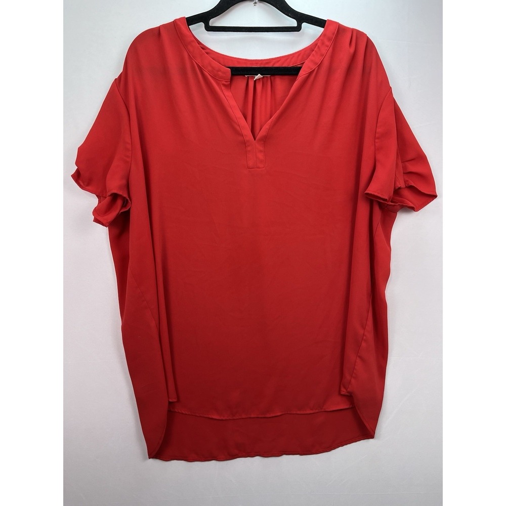 Pleione‎ Size XL Blouse Red Short Sleeved Shirt V Neck Chiffon Top